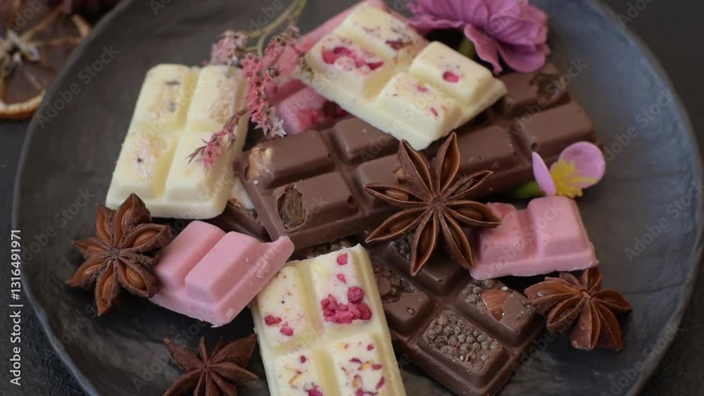 Multicolored handmade chocolate bars pink, white, brown on dark concrete background Multicolored handmade chocolate bars pink, white, brown on dark concrete background
