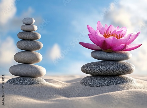 Peaceful Zen Garden Scene with Stacked Stones and Lotus Flower