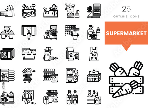 Variety of supermarket outline icons depicting shopping essentials and groceries.
