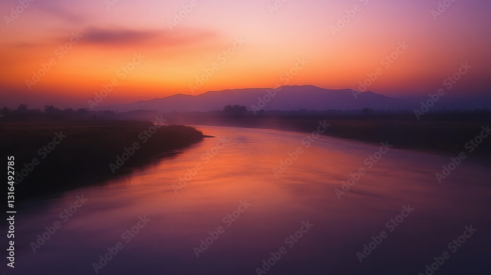 Serene sunrise over calm river and misty mountains. Serene sunrise over calm river and misty mountains.