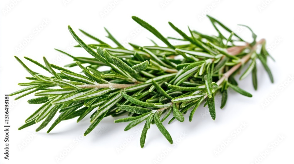 Aromatic sprig of fresh rosemary on stark white background showcasing texture Aromatic sprig of fresh rosemary on stark white background showcasing texture