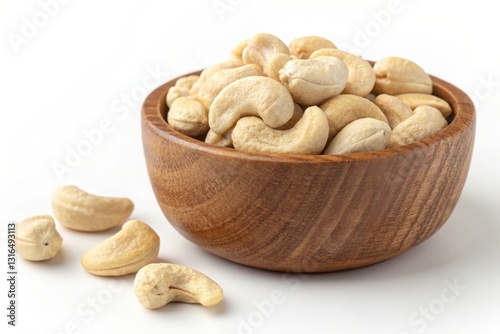 Raw Cashew Nuts in a Wooden Bowl on White Background, Healthy and Nutritious Snack, Vegan and Protein-Rich Superfood photo