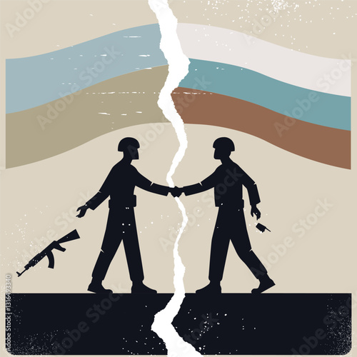 Concept of truce in war between ukraine and russia. Flag torn in half. Poster in style of worn old newspaper. Vector illustration