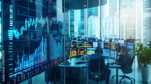 Modern Trading Floor with Glass Walls and Digital Market Data