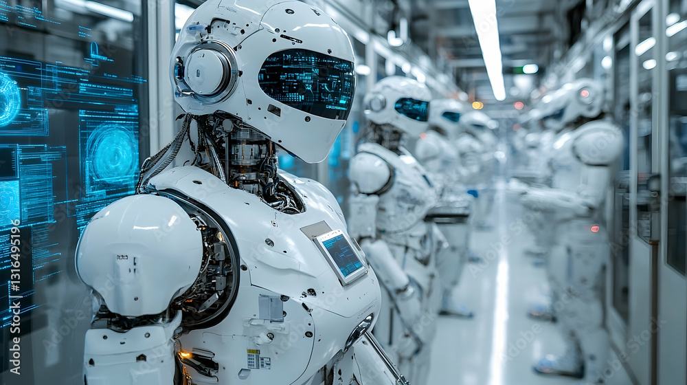Futuristic White Robots In A Factory Setting