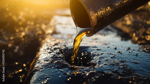 Close-Up of Crude Oil Flowing from Pipe at Drilling Site