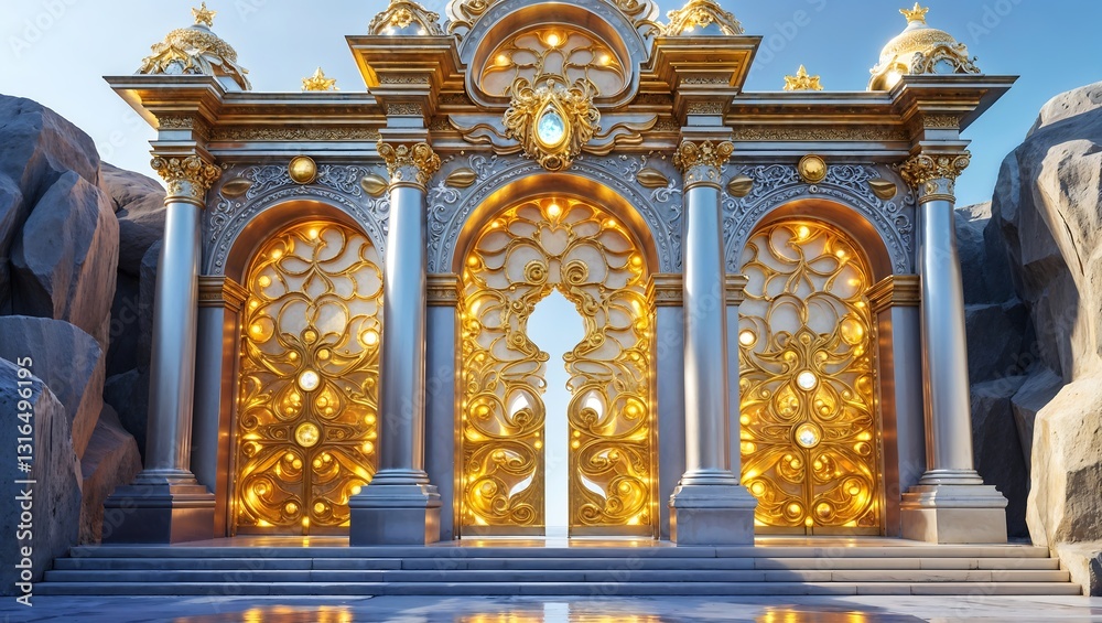 Fototapeta premium Grand Entrance with Ornate Gilded Pillars, Baroque-Style Golden Gates, and Divine Illumination Reflecting a Mystical Ambiance