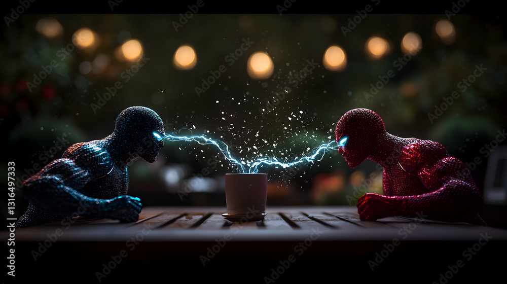 Two humanoid figures are engaging in a telekinetic power exchange