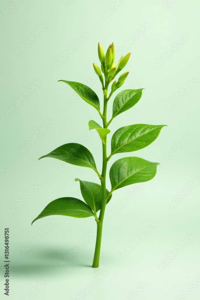 Fototapeta premium Small green plant with delicate leaves on white surface, leafy greens, flower