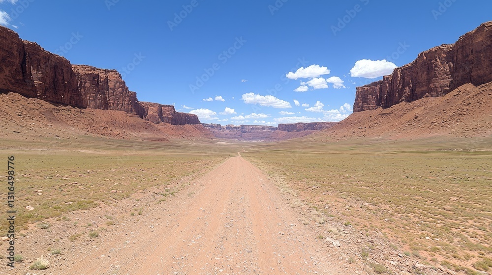 Vast Expanses of Desert Canyon with Clear Blue Sky and Distant Mountains Under Bright Sunshine at Midday Vast Expanses of Desert Canyon with Clear Blue Sky and Distant Mountains Under Bright Sunshine at Midday