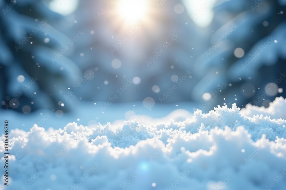 Naklejka premium Snowflakes gently falling around a snow-covered landscape, white, peaceful