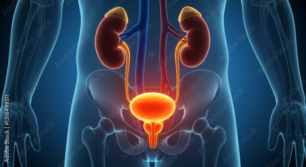 Anatomical illustration of the human urinary system, highlighting kidneys and bladder.