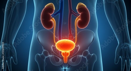 Obraz na płótnie Anatomical illustration of the human urinary system, highlighting kidneys and bladder. w salonie