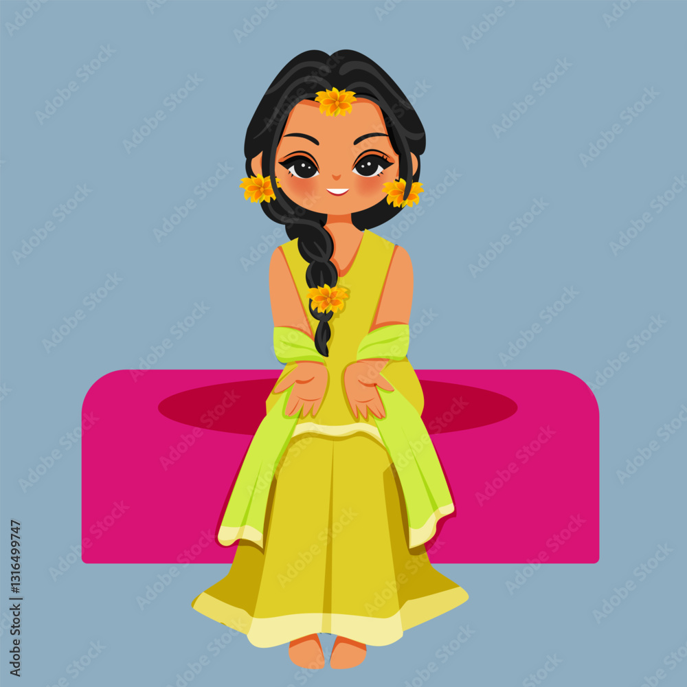 Vector of Indian Bride in Yellow Saree Adorned with Floral Jewelry – Haldi Ceremony Vector of Indian Bride in Yellow Saree Adorned with Floral Jewelry – Haldi Ceremony