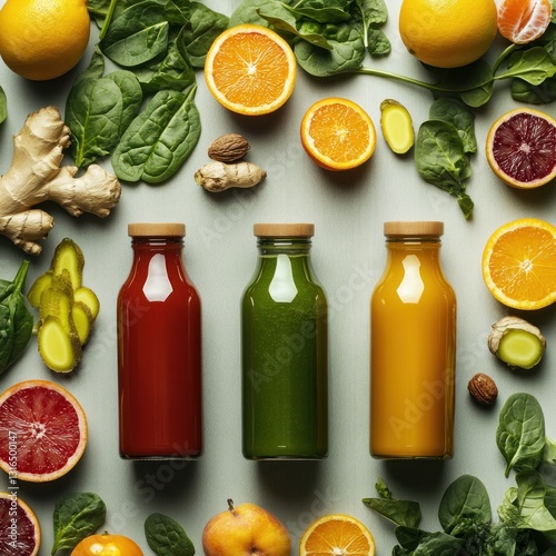 Colorful fruit and vegetable juices arranged artfully photo