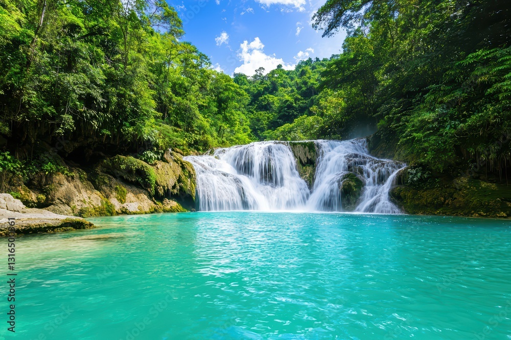 Majestic Waterfall Cascading Into Glowing Blue Pool Surrounded by Lush Greenery and Sunshine Majestic Waterfall Cascading Into Glowing Blue Pool Surrounded by Lush Greenery and Sunshine