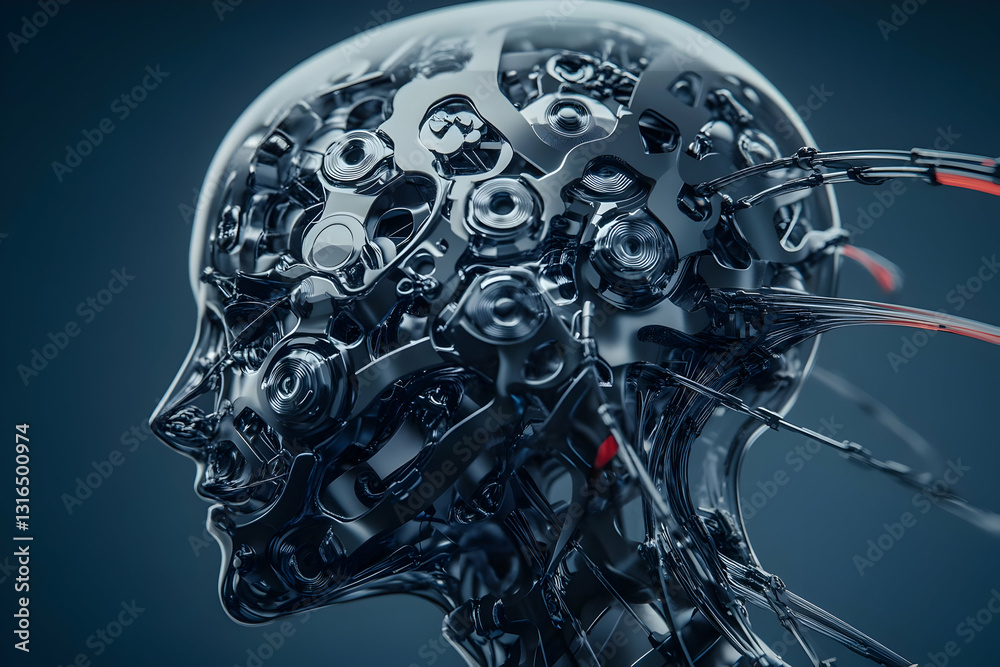 3D Render of a Mechanical Head: Intricate Gears and Wiring Form a Futuristic Robotic Face Profile, Detailed and Realistic Digital Artwork 3D Render of a Mechanical Head: Intricate Gears and Wiring Form a Futuristic Robotic Face Profile, Detailed and Realistic Digital Artwork