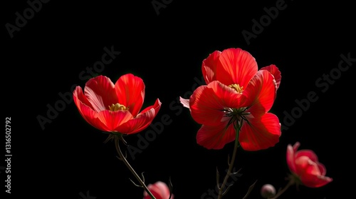 Bright red blossoms stand out dramatically with their rich color against a dark backdrop showcasing their delicate petals and intricate details in nature