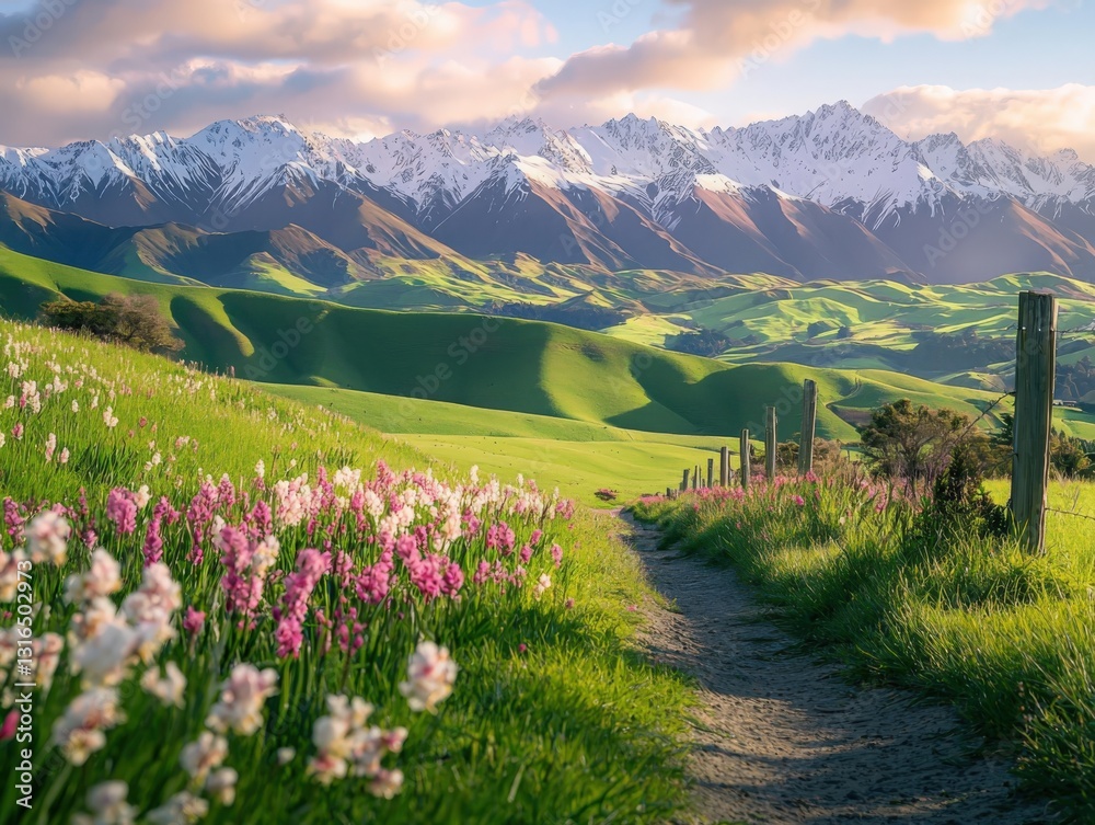 Serene Mountain Path with Blooming Flowers and Snow-Capped Peaks, Ideal for Travel Brochures, Nature Documentaries, and Calming Backgrounds Serene Mountain Path with Blooming Flowers and Snow-Capped Peaks, Ideal for Travel Brochures, Nature Documentaries, and Calming Backgrounds