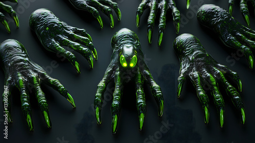 Many alien hands with green glow