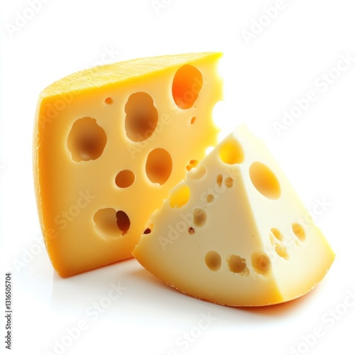 Two slices of golden cheese with holes photo