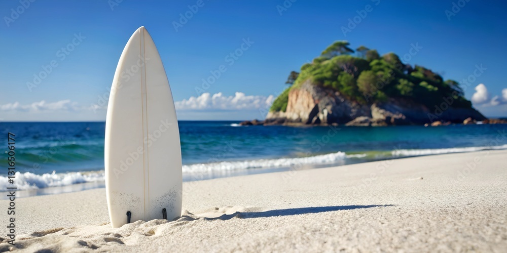 Fototapeta premium White surfboard standing upright in the sand on a tropical beach with an island in the background. A perfect summer vacation and water sports mockup for adventure and travel branding.