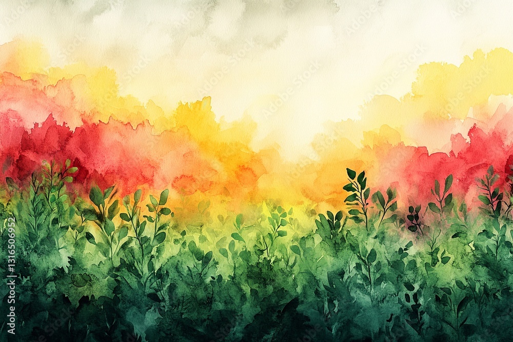Fototapeta premium Colorful abstract watercolor landscape with vibrant hues and lush greenery at sunset