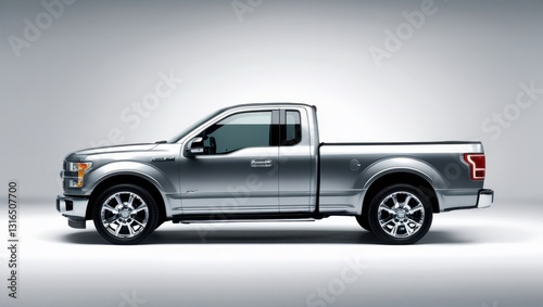 Sleek Metallic Silver Pickup Truck with Refined Detailing Standing Against a Clean White Backdrop