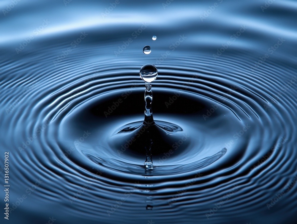 Stunning close-up of a water droplet impacting a still surface, creating mesmerizing concentric ripples.  Perfect for themes of purity, serenity, and natural beauty.