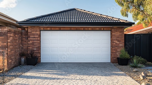 Close-up of pristine white, rectangular garage door, centered with seamless edges. Its sleek design highlights simple elegance, inviting curiosity about what lies beyond its clean surface photo