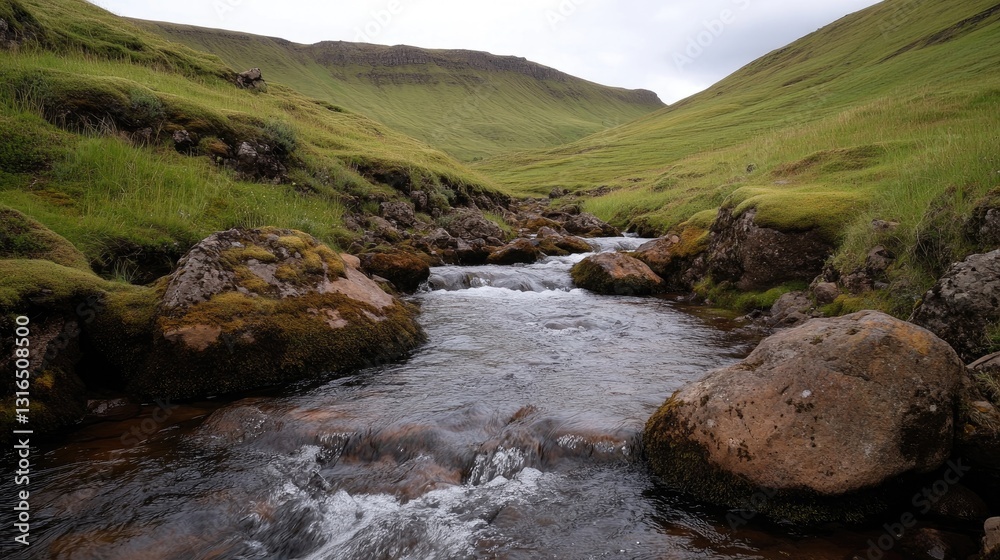 Tranquil stream flowing through a vibrant green Icelandic valley Tranquil stream flowing through a vibrant green Icelandic valley