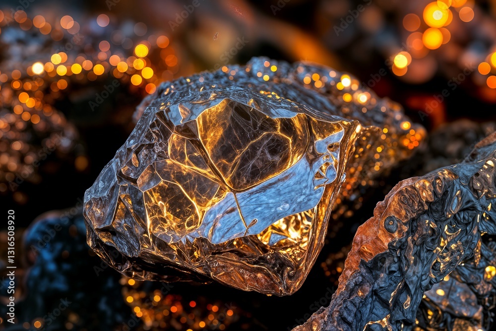 Fototapeta premium hiny mineral rock crystal gemstone glowing reflection metallic ore natural stone precious metal raw material underground cristal mineral hiny piedra preciosa reflejo brillante mineral metálico piedra