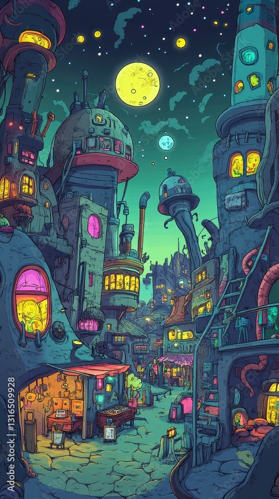 Obraz premium An imaginative urban scene lit by the night sky and moons