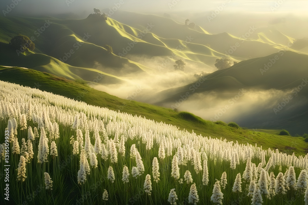 Serene Rolling Hills with White Wildflowers and Misty Morning Light, Scenic Landscape Photography Serene Rolling Hills with White Wildflowers and Misty Morning Light, Scenic Landscape Photography