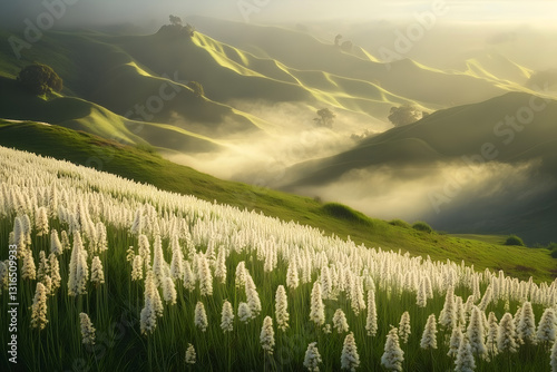 Serene Rolling Hills with White Wildflowers and Misty Morning Light, Scenic Landscape Photography