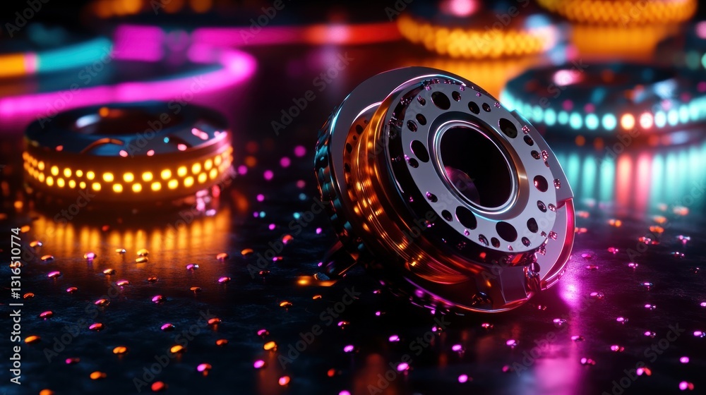 High-tech components illuminated by vibrant neon lights High-tech components illuminated by vibrant neon lights