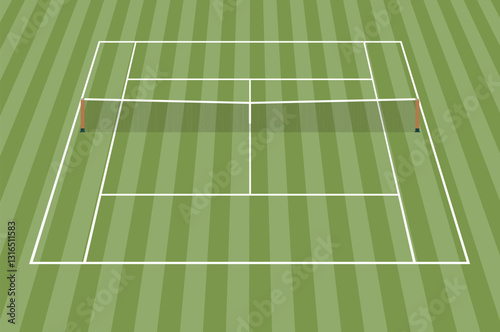 Isometric vector illustration of a grass tennis court with a net, white boundary lines, and a striped lawn pattern