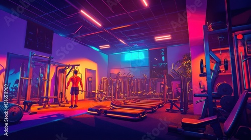 Modern Gym Interior at Night with Vibrant Neon Lighting Effects