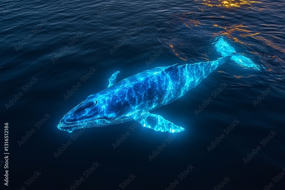 Naklejka premium Majestic blue whale gliding through tranquil ocean waters at dusk illuminating the surroundings