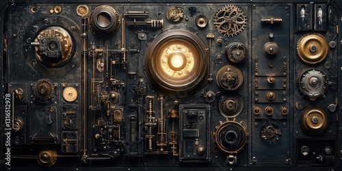Elaborate mechanical panel with gears and dials creates a steampunk design