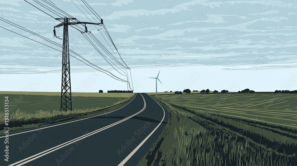 Fototapeta premium Expansive Countryside Road Leading Towards a Windmill Under a Cloudy Sky with Powerlines in a Tranquil Landscape