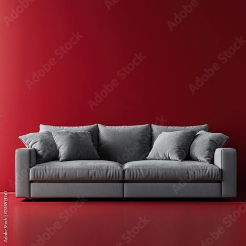 Modern gray sofa against a deep red wall