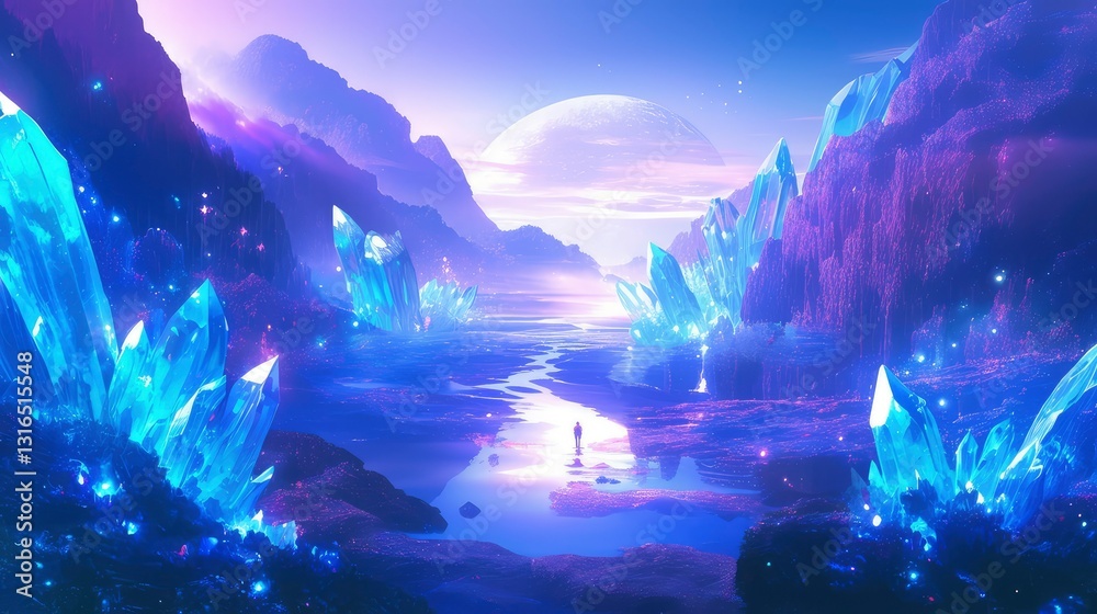 Fototapeta premium Surreal Crystal Landscape with Lone Figure Under a Giant Moon