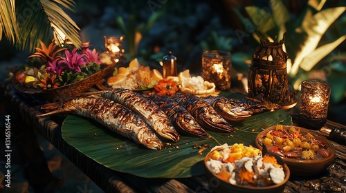 A Sumptuous Polynesian Feast Featuring Grilled Fish, Taro, and Traditional Sides.