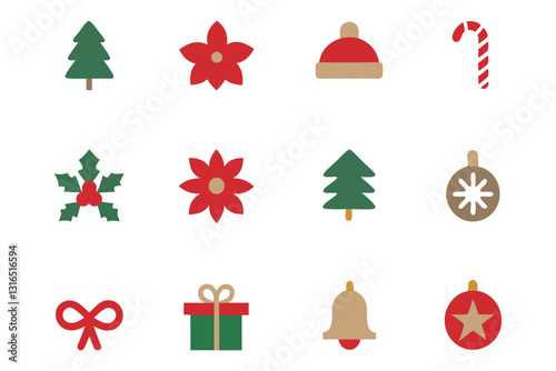 Christmas concept icons in minimal, simple and flat style. Tree, poinsettia, berries, flowers, hat, cane, light, ornament, star, drop, ribbon, gift, ball, set of Christmas icon