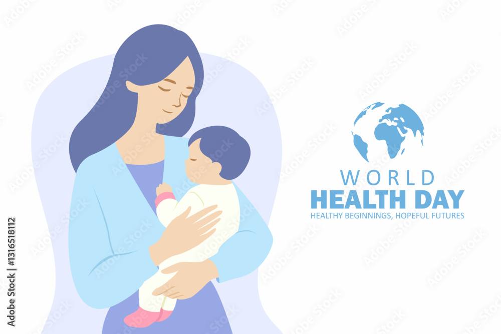 World Health Day concept, mother holding a baby symbolizing healthcare and support, flat style vector illustration. World Health Day concept, mother holding a baby symbolizing healthcare and support, flat style vector illustration.