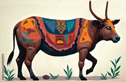 Work art fantasy African style, A cow with deer antlers, which is a result of AI processing errors, but is very beautiful. color,  mistake, art, geometric, comic.