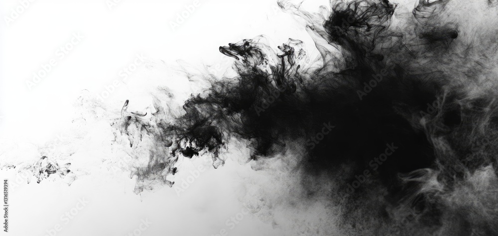 Abstract black ink cloud creating dynamic textures against a stark white backdrop Abstract black ink cloud creating dynamic textures against a stark white backdrop