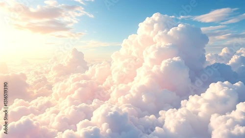 Cloudscape: Aerial Perspective: Soaring through a breathtaking cloudscape, the camera captures fluffy white clouds, bathed in soft sunlight and a serene blue sky.