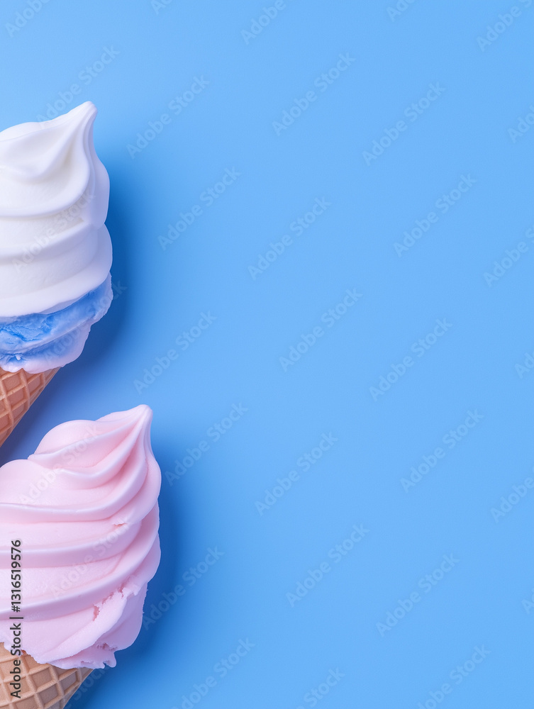 Colorful Ice Cream Cones: Captivating image of three pastel-colored ice cream cones, each swirling elegantly against a bright and smooth blue backdrop. Colorful Ice Cream Cones: Captivating image of three pastel-colored ice cream cones, each swirling elegantly against a bright and smooth blue backdrop.